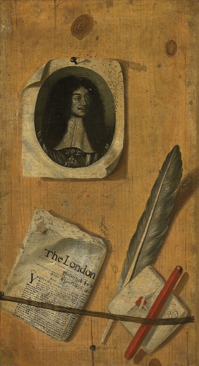 Et trompe-l"oeil brevstativ, med en gravering af kong Charles II, en avis, en fjerpen, en kuglepen og en pennekniv af Edwaert Colyer or Collier