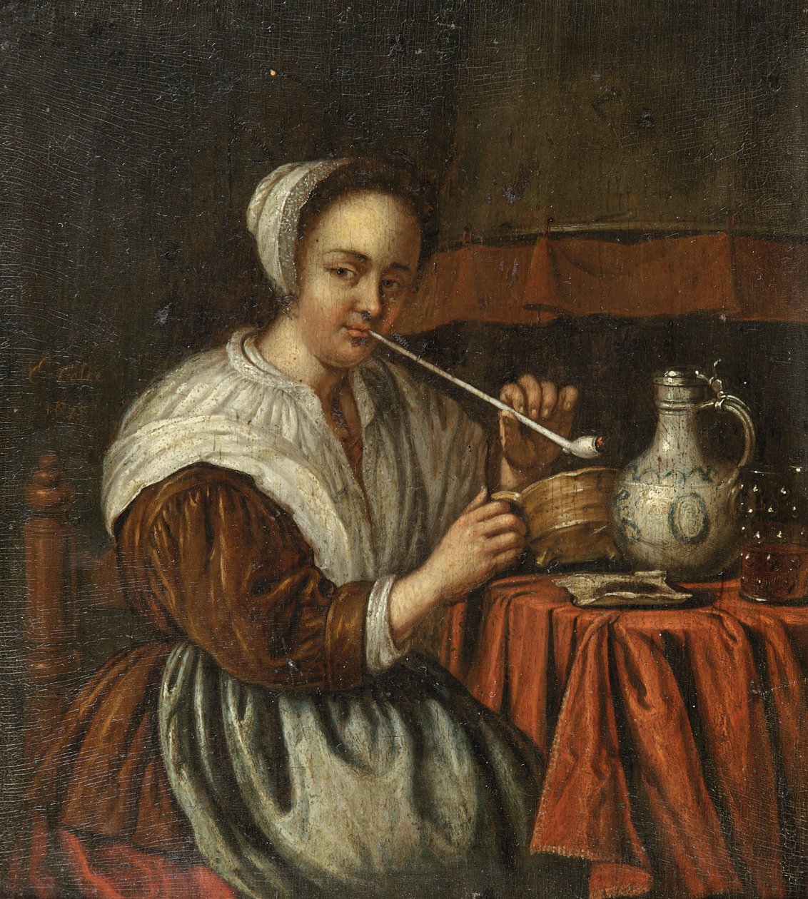 En kvinde, der ryger pibe ved et bord af Edwaert Colyer or Collier