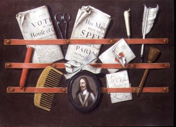 Brevstativ med dokumenter og miniature af Charles I af Edwaert Colyer or Collier