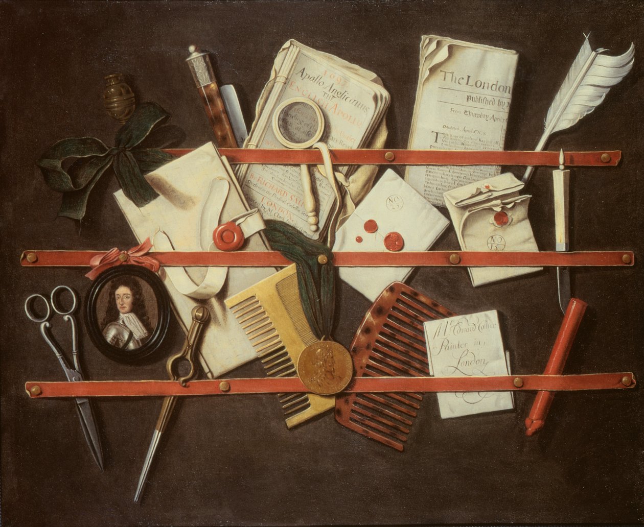 Trompe loeil brevreol med et miniatureportræt af en ung mand i rustning, 1697 (panel) af Edwaert Colyer or Collier