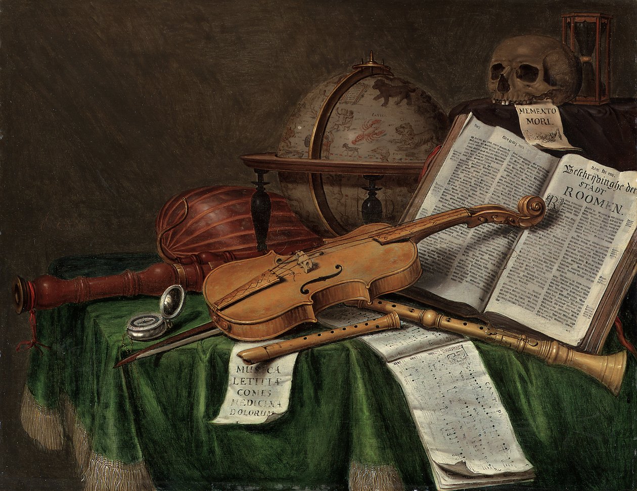 Vanitas stilleben med en astrologisk globus, en violin, et kranium, et timeglas, en åben bog, et partitur, et ur, en lut og andre musikinstrumenter på et draperet bord, 1680
