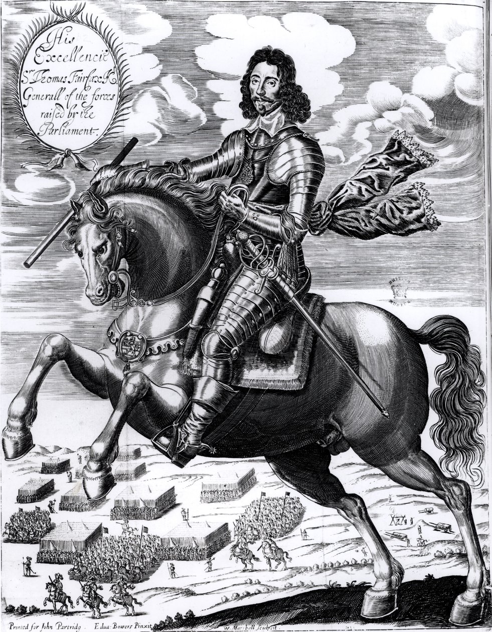 Ridesportræt af hans Excellence Sir Thomas Fairfax (1617-71) 3. baron, indgraveret af William Marshall (fl.1617-49) af Edward Bower