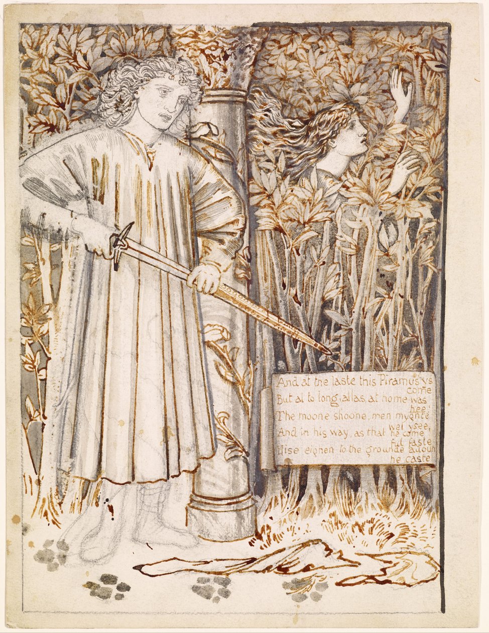 Pyramus og Thisbe - Pyramus trækker sit sværd for at slå sig selv ihjel af Edward Burne Jones