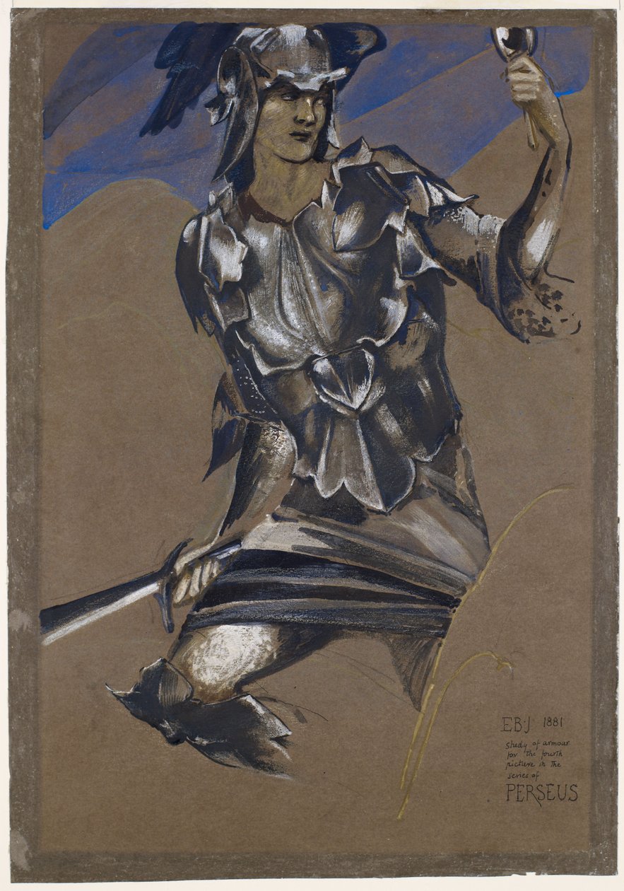 Perseus -serien - Studie af Perseus i rustning til fundet af Medusa af Edward Burne-Jones