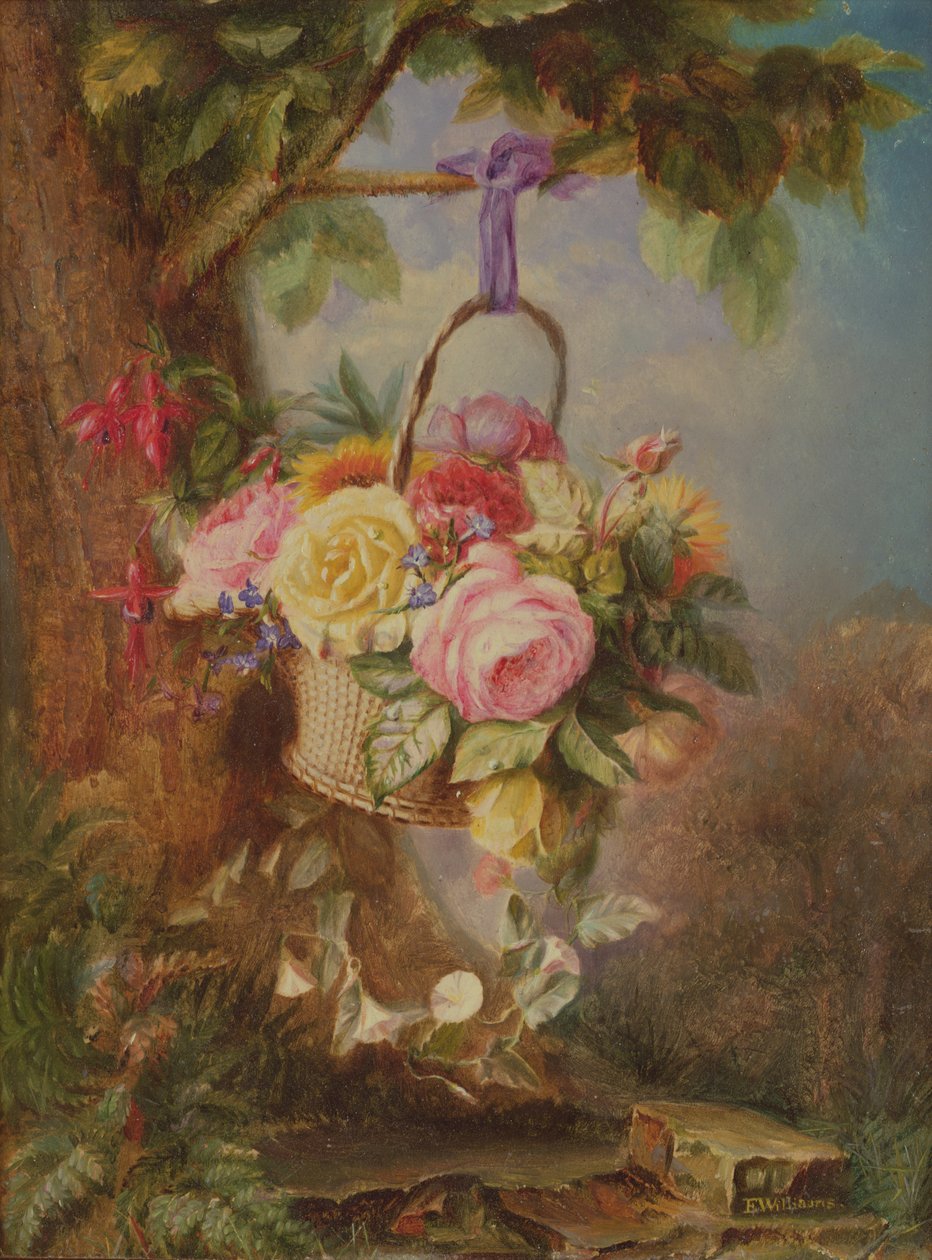 Kurv med roser med fuschia, 1800-tallet af Edward Williams