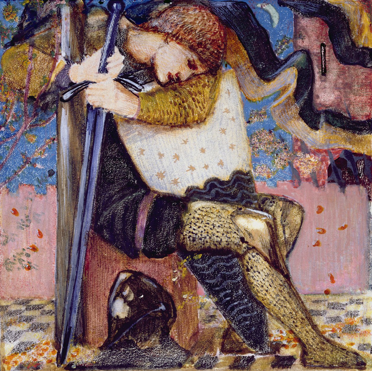 Arthur med Excalibur (gouache og guldmaling på vellum) af Edward Burne Jones