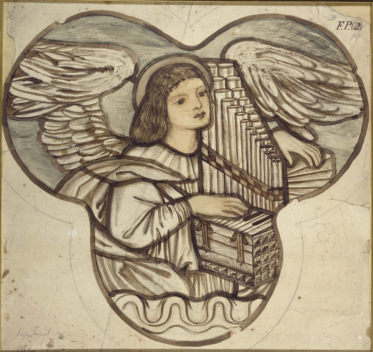 Design til farvet glas i Lyndhurst Church: An Angel Organist, 1886 (brun og blå skylles over grafit) af Edward Burne Jones