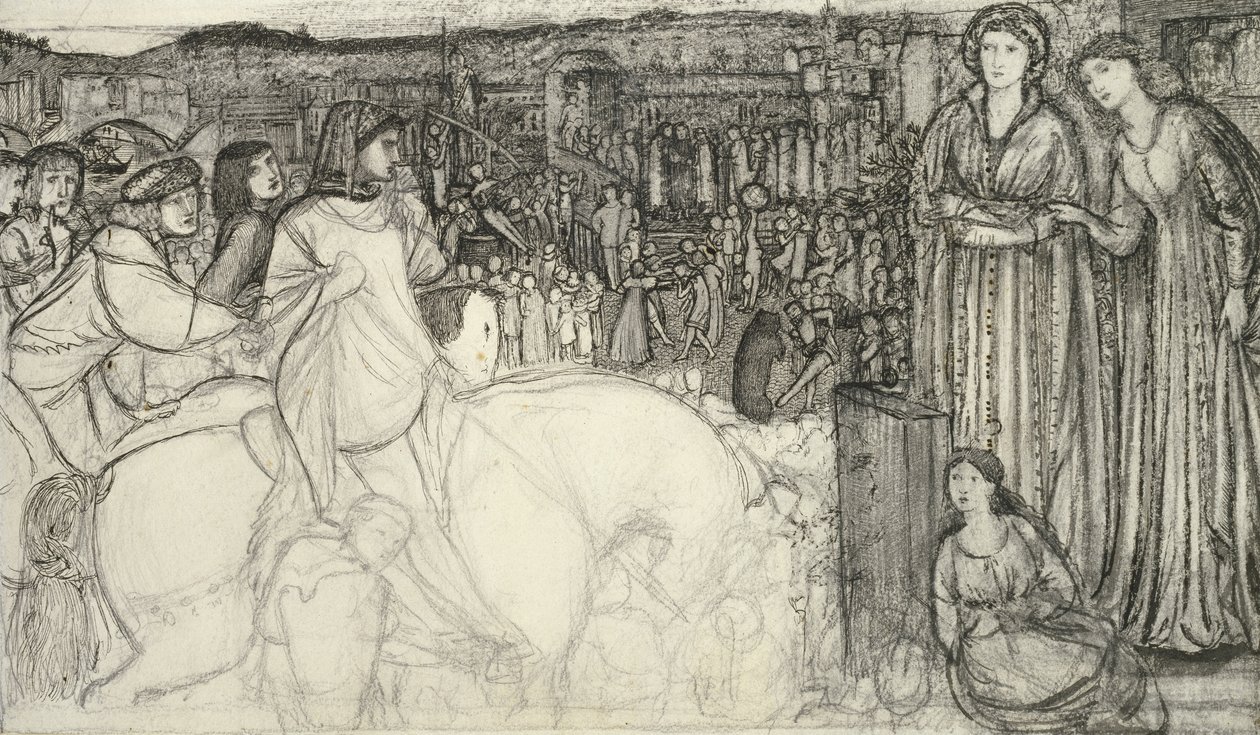 Gualdrada Donati præsenterer sin datter for Buondelmente (pen og sort blæk med grafit på hvidt papir) af Edward Burne Jones