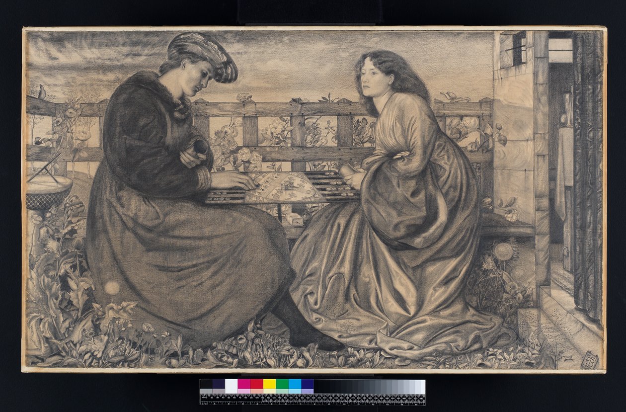 Backgammon-spillerne (sort kridt med lidt kropsfarve på papir) af Edward Burne Jones