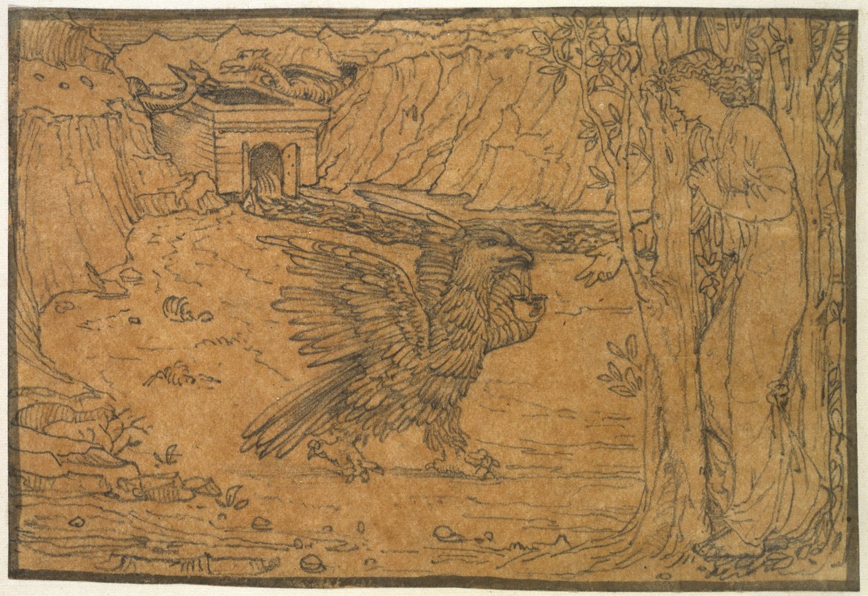 Historien om Amor og Psyke: Det sorte vand, ca. 1864 - ca. 1868 (grafit, med blækkant, på kalkerpapir) af Edward Burne Jones