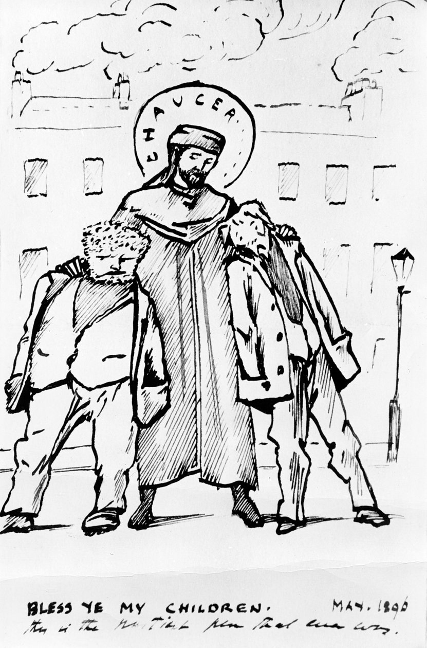William Morris og Edward Burne-Jones bliver velsignet af Chaucer, tegneserie, 1896 (pen og blæk) (bw print) af Edward Burne Jones