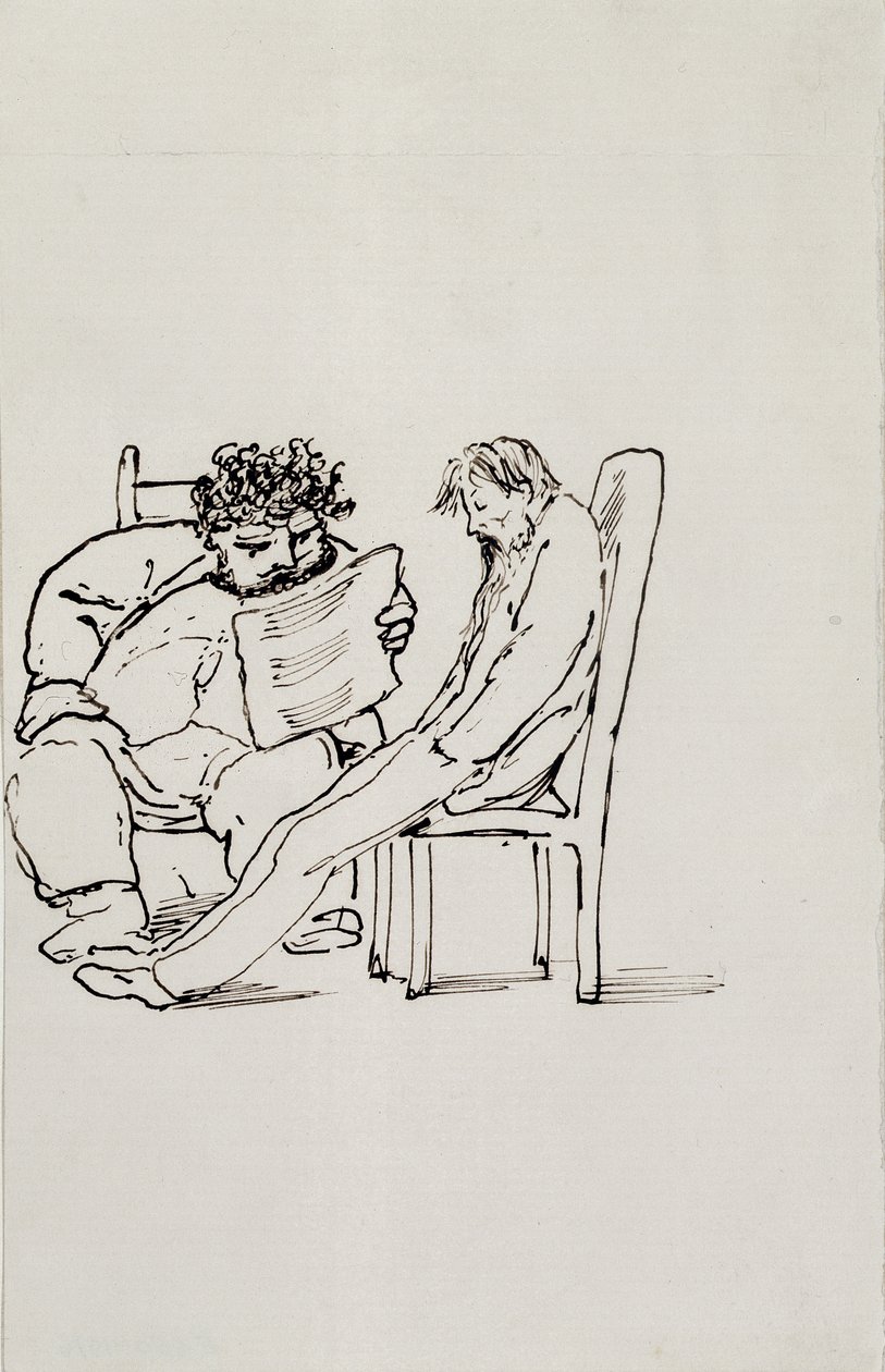 Tegneserie af William Morris (1834-96) læser poesi for Edward Burne-Jones (1833-98) (pen og blæk på papir) af Edward Burne Jones