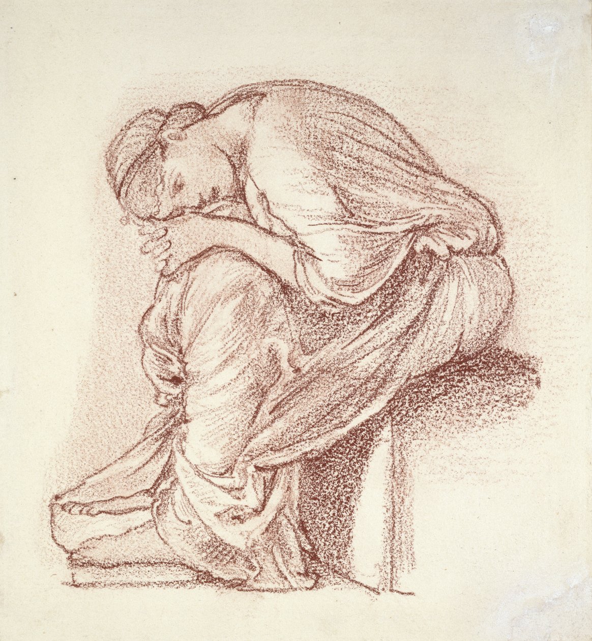 Siddende kvindefigur (mørkerød kridt på hvidt papir) af Edward Burne Jones