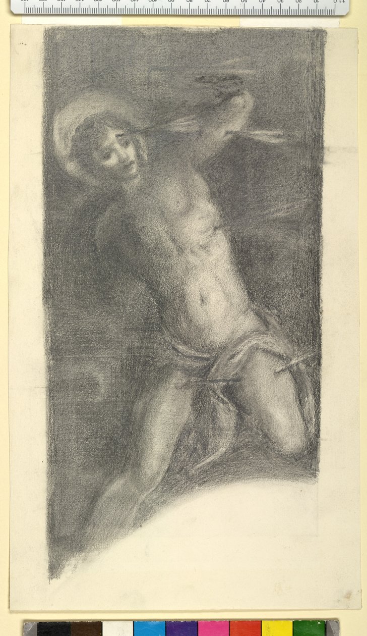 Studie af Tintorettos Saint Sebastian i Scuola Grande di San Rocco, 1859 eller 1862 (sort kridt og grafit på vævet papir) af Edward Burne Jones
