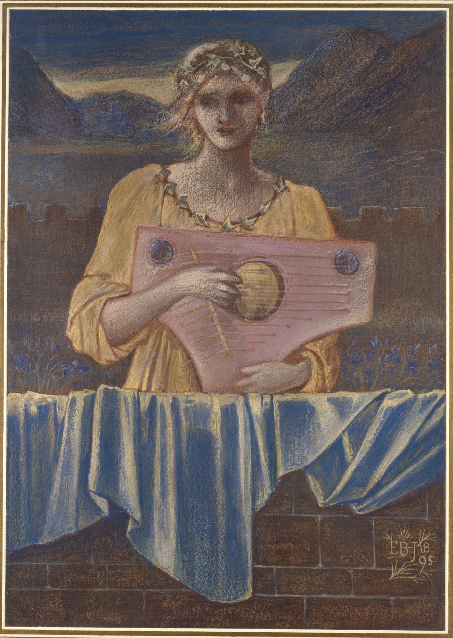 Studie af en kvinde med et musikinstrument, 1895 (Farvet kridt med guldmaling og akvarel) af Edward Burne Jones