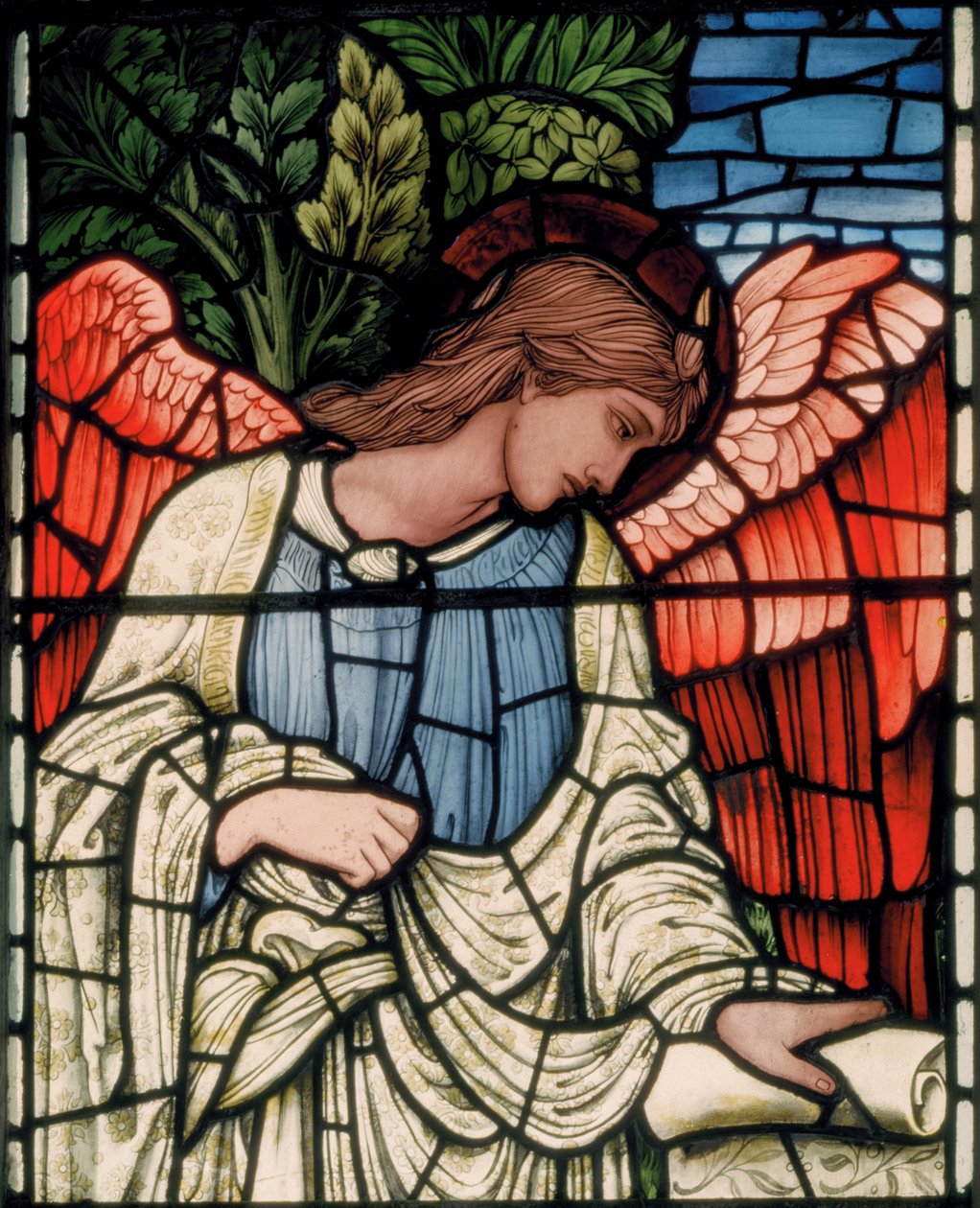 Birmingham, Acocks Green, St Mary The Virgin, Morris & Co., Edward Burne-Jones, John Henry Dearle (1859-1932), Engel med rulle, detaljer, 1895 af Edward Coley and Dearle Burne Jones