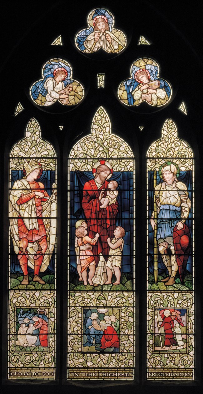 Wilden, All Saints, East Window, Morris & Co., Edward Burne-Jones, John Henry Dearle (1859-1932), St. Martin, Christ Blessing The Children, St. George, 1902-1914, Louisa, Alfred, The Baldwins, Prime Min af Edward Coley and Dearle Burne Jones