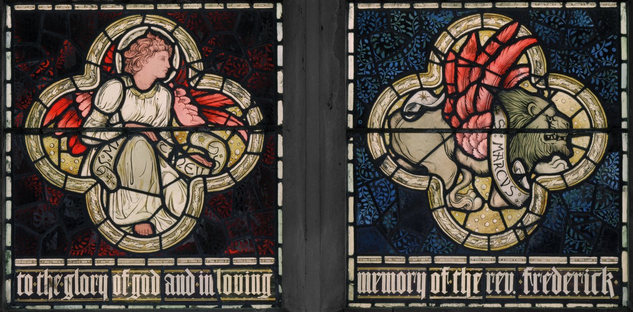 Birmingham, Acocks Green, St Mary The Virgin, Morris & Co., Edward Burne-Jones, John Henry Dearle (1859-1932), Symbols of The Evangelists, St Matthew & St Mark, 1895 af Edward Coley and Dearle Burne Jones