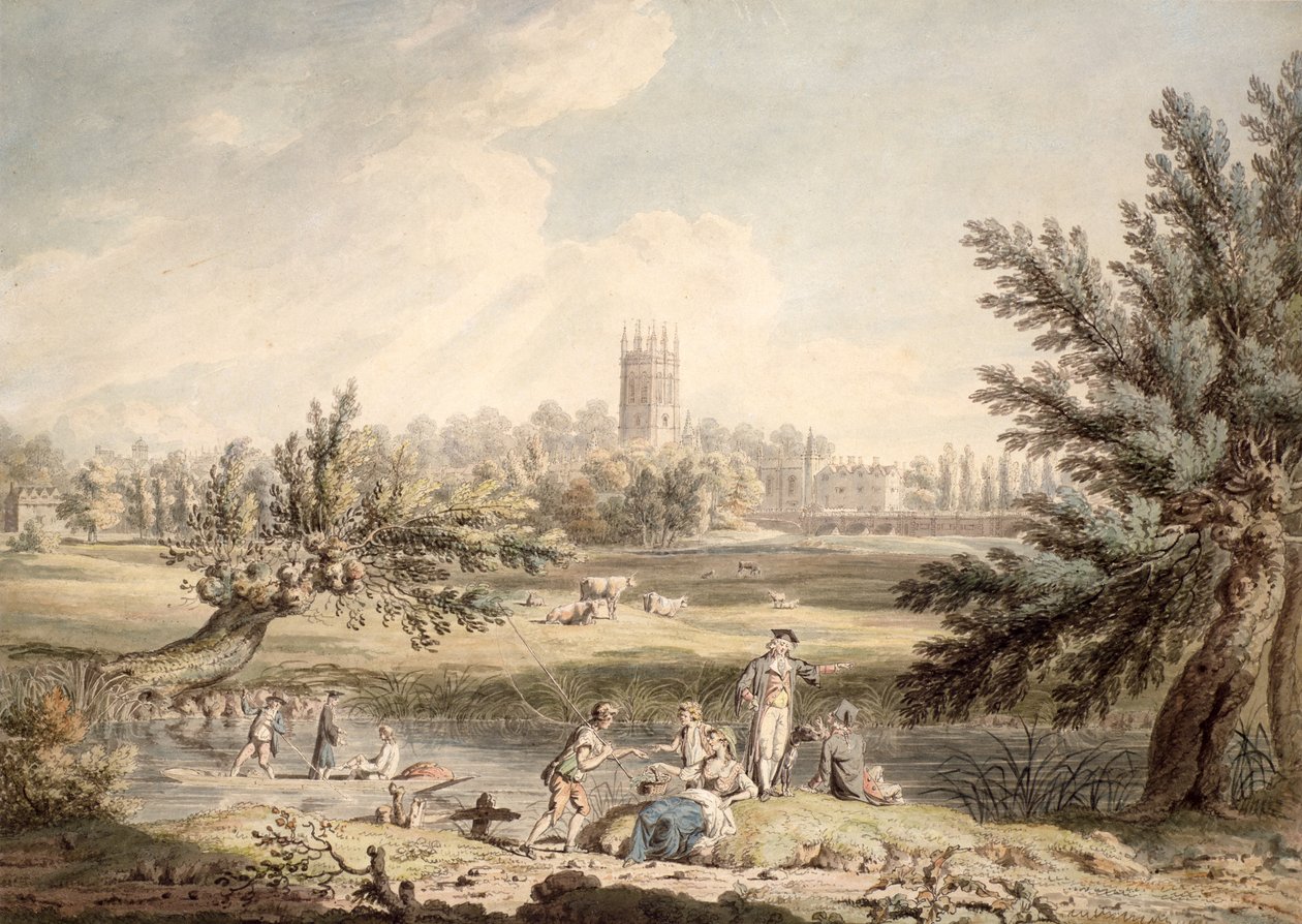 Magdalen College, Oxford, View from Cherwell Looking North West, 1791-92 (wc og pen og blæk på papir) af Edward Dayes