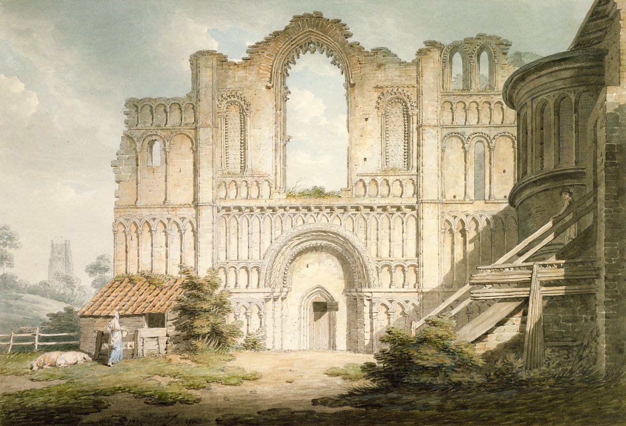 PD.56-1958 Vestfronten af Castle Acre Priory Church, nær Downham, Norfolk, 1796 (akvarel og blyant på papir) af Edward Dayes