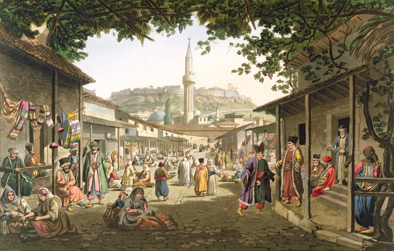 En basar i Athen, plade 1 fra del 1 af "Views in Greece", graveret af T. Fielding, udgivet af T. Fielding, pub. 1821 (akvatint) af Edward Dodwell
