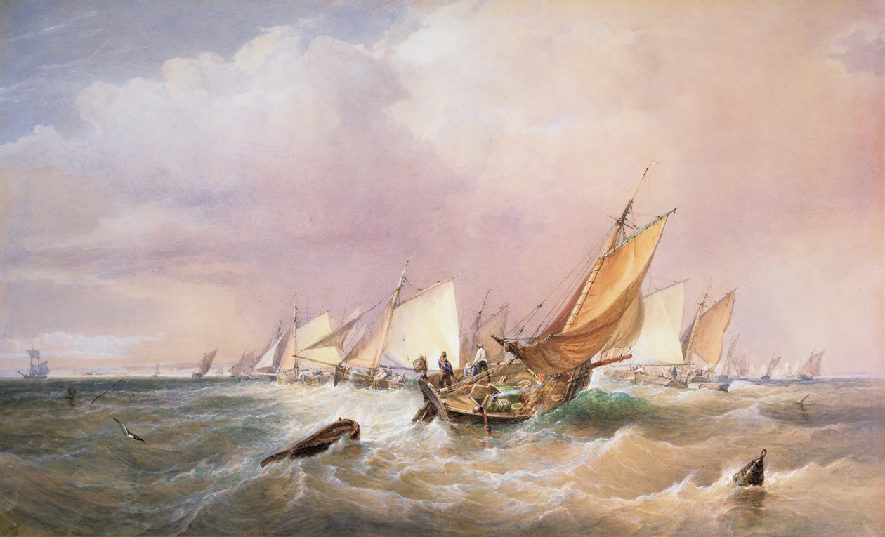Ud for den franske kyst, 1837 (blyant, wc og farve på papir) af Edward Duncan
