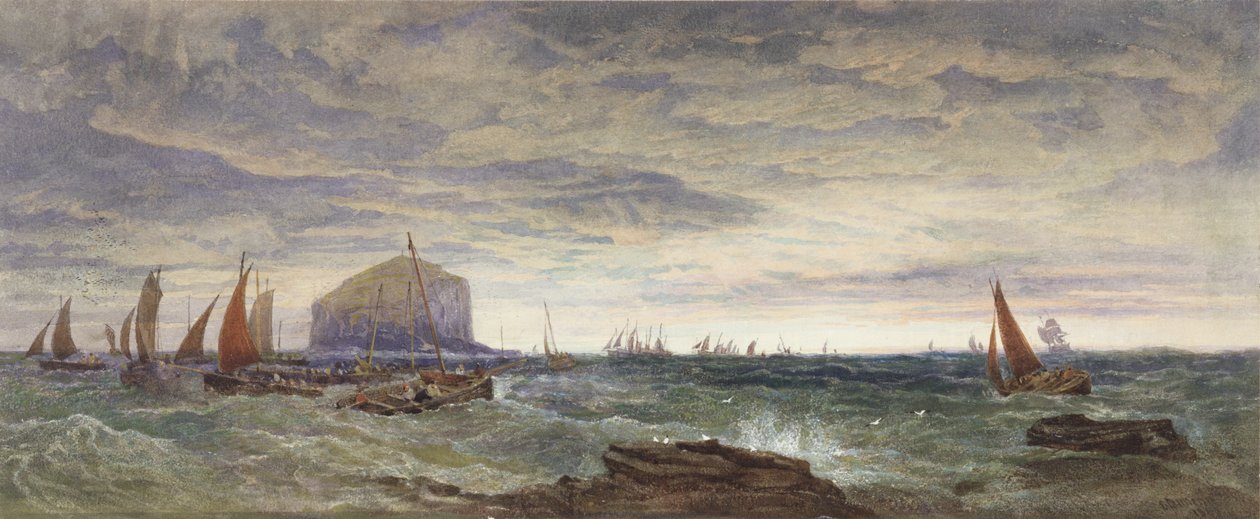 The Bass Rock at Dawn, 1855 (wc og kropsfarve over grafit på papir) af Edward Duncan