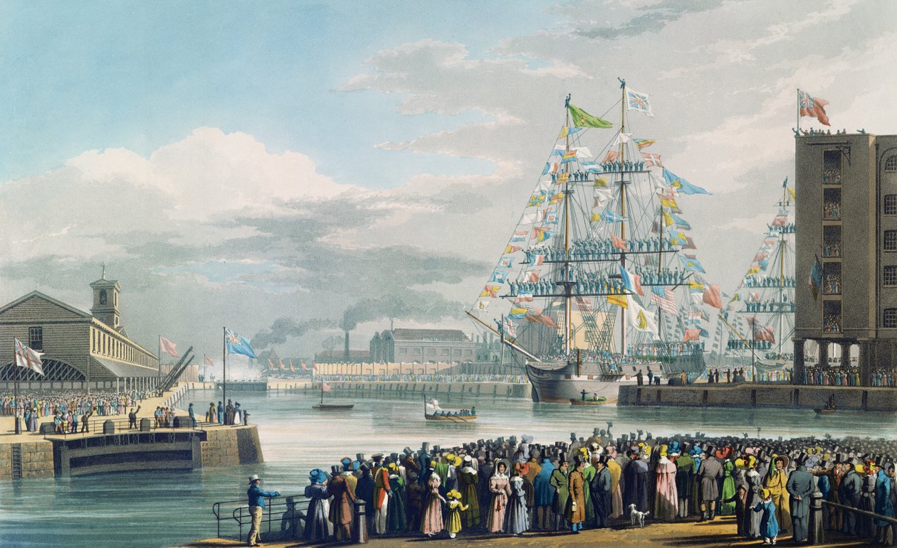 Åbningen af St. Katharine Docks, lørdag den 25. oktober 1828 (farvegravering) af Edward Duncan