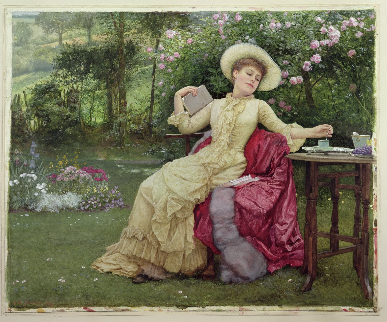 Drikker kaffe og læser i haven af Edward Killingworth Johnson