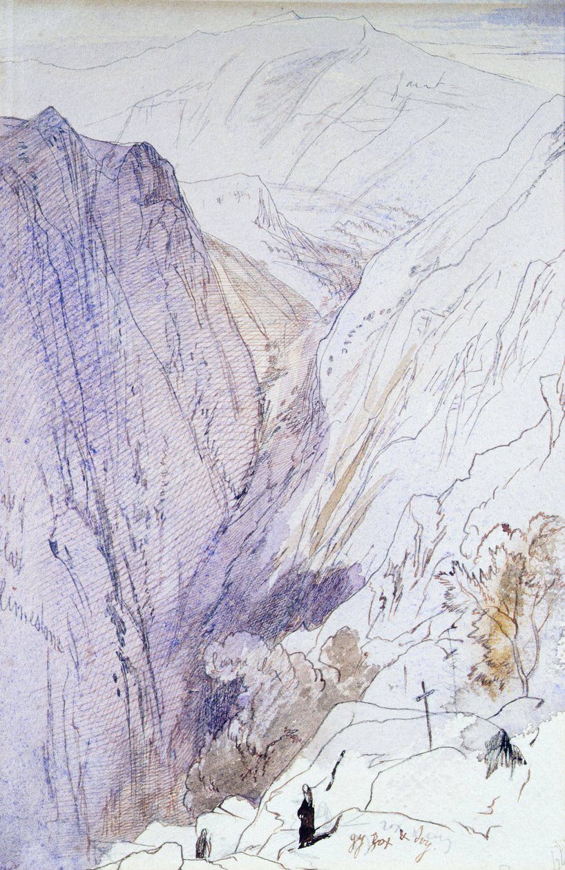 Athos med munke i forgrunden, 1856 (pen og wc) af Edward Lear