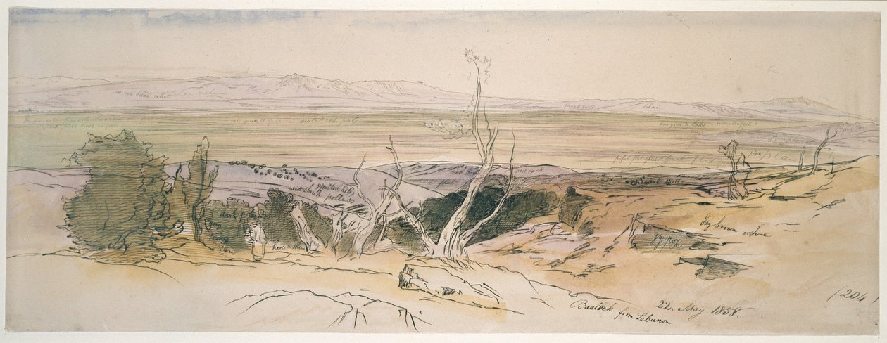 Baalbek fra Libanon, 1858 (akvarel og pen og sort blæk med grafit-angivelser) af Edward Lear