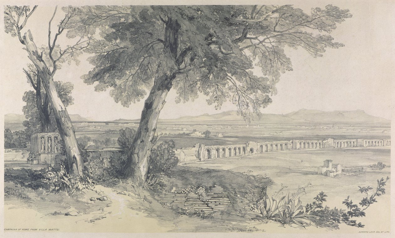 Campagna of Rome fra Villa Mattei, fra Views in Rome and its Environs, 1841, (litho på kraftigt vævet papir) af Edward Lear