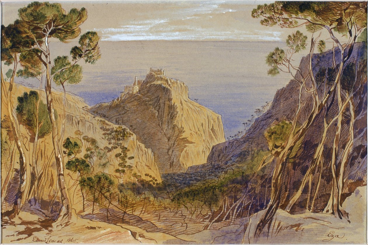 Eza, Frankrig, 1865 (blæk og wc på papir) af Edward Lear
