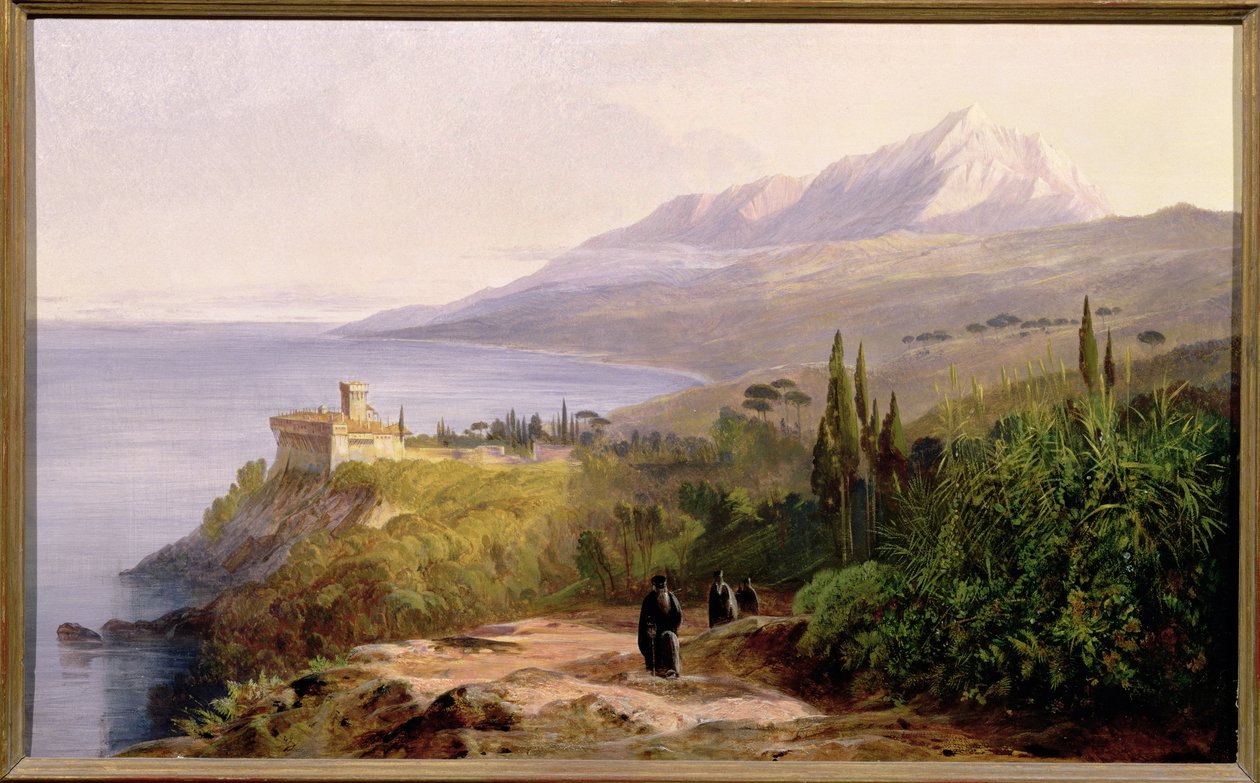 Athos-bjerget og Stavroniketes-klosteret, 1857 af Edward Lear