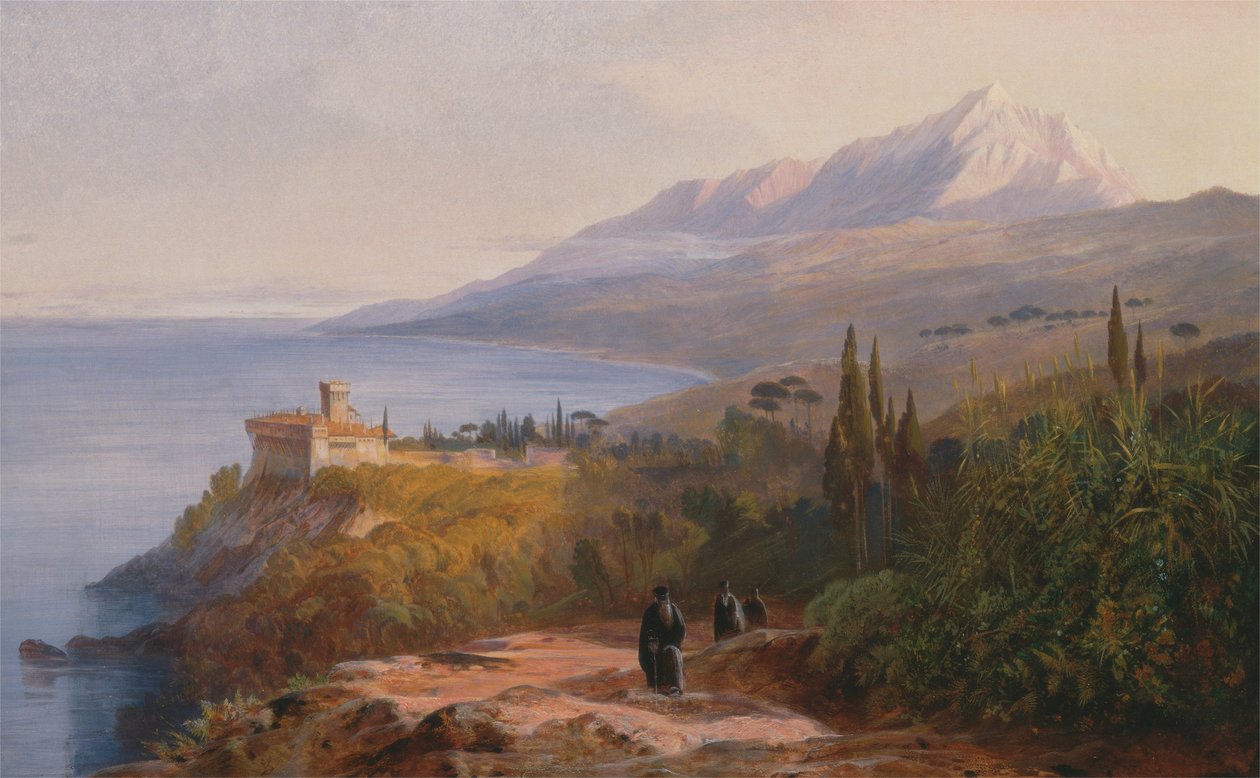 Mount Athos og klosteret Stavronikétes af Edward Lear