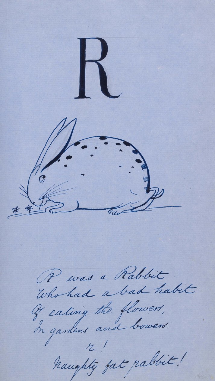 Nonsens Alphabet - R, 1860 (pen og blæk på blåt papir bakket med linned) af Edward Lear