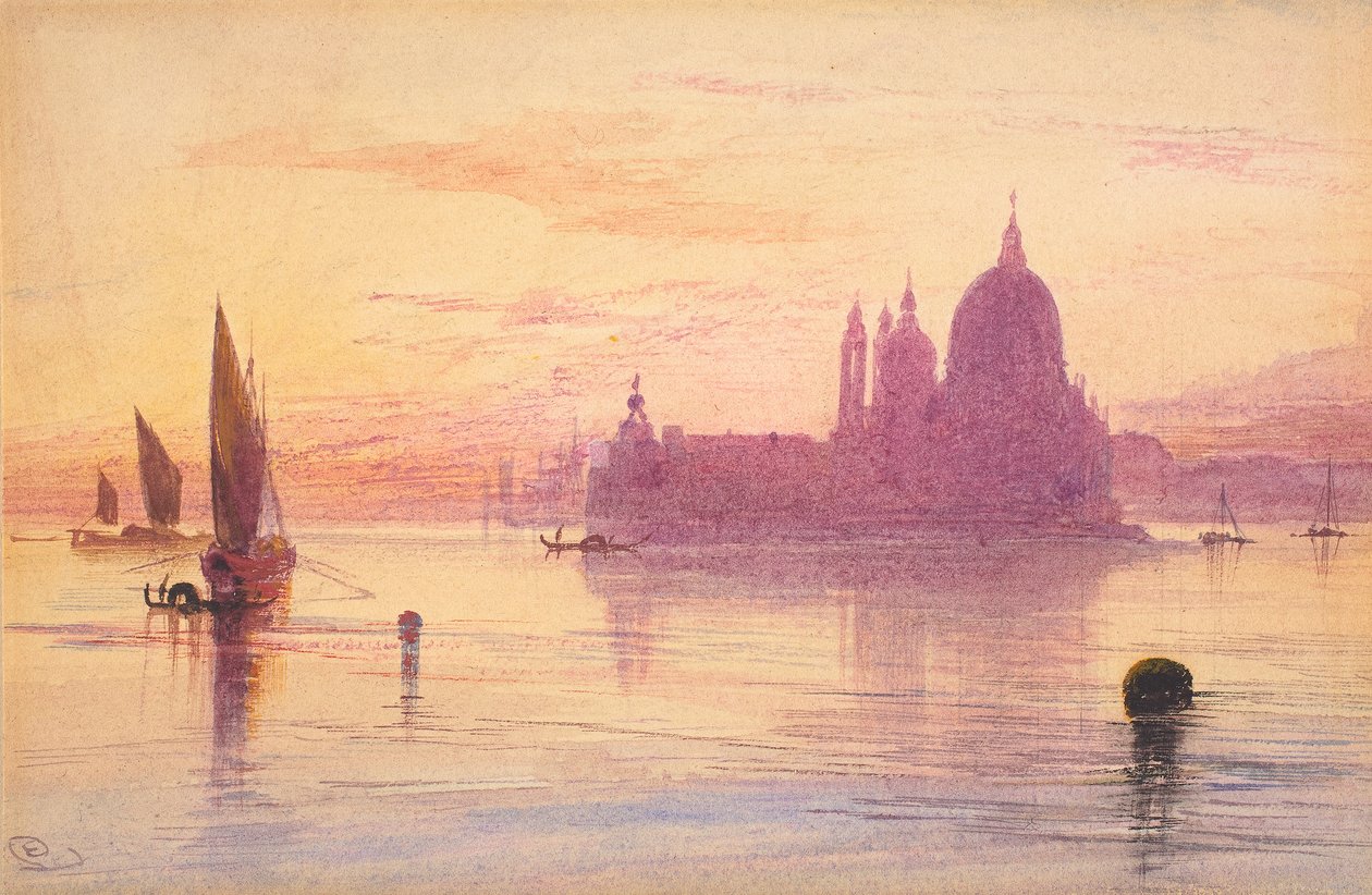 Santa Maria della Salute, Venedig, ved solnedgang, 1865-84 (akvarel og gouache over grafit på papir) af Edward Lear