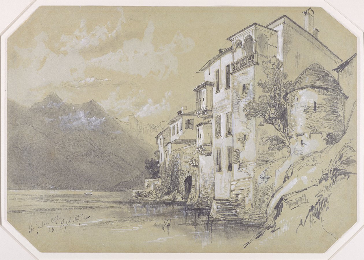 St. Giulio, Orta, 26. september 1837, 1837 (grafit med stub og hvid gouache på brunt vævet papir) af Edward Lear