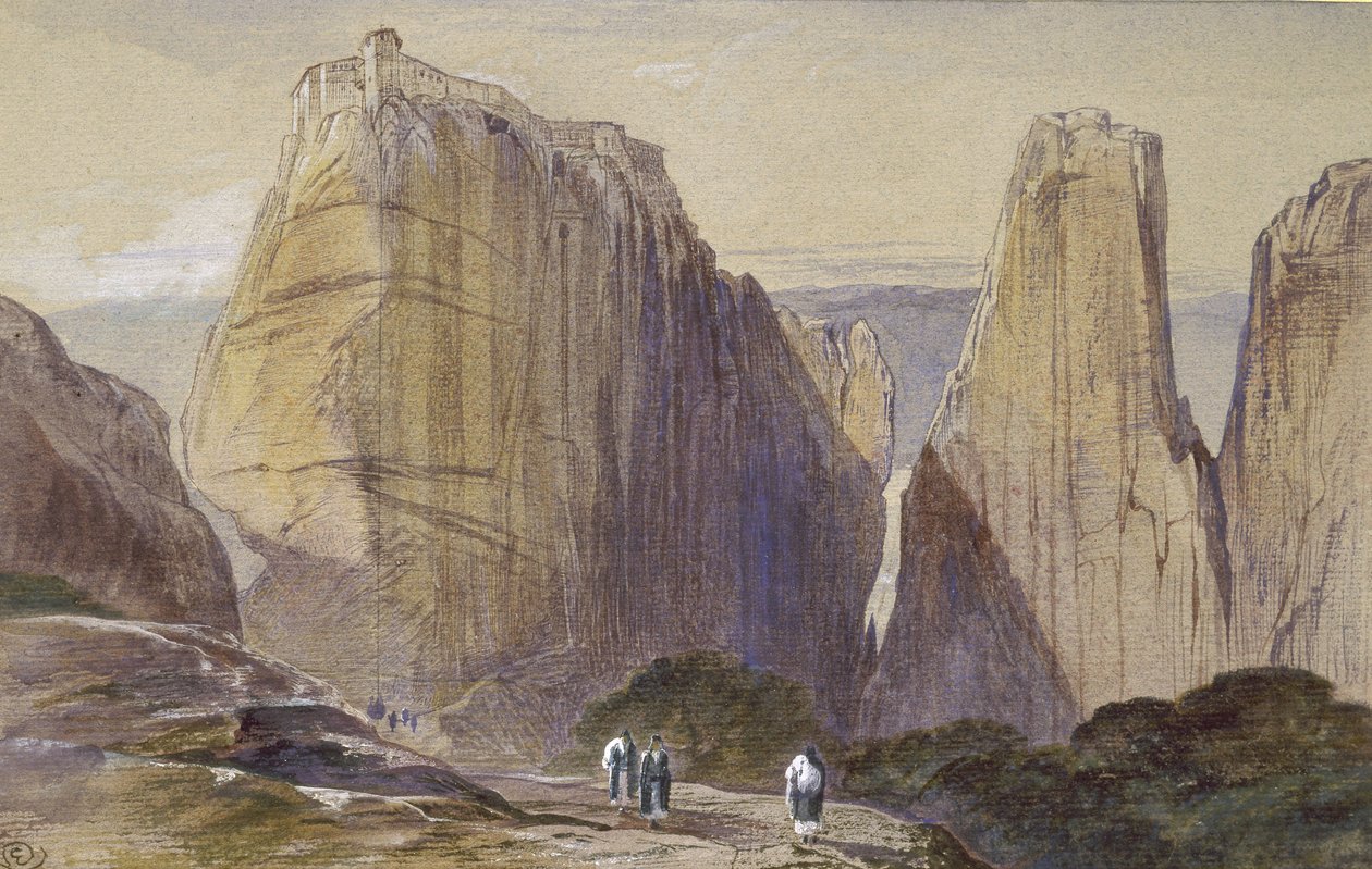Klosteret Meteora (akvarel og kropsfarve på gråblåt lagt papir) af Edward Lear