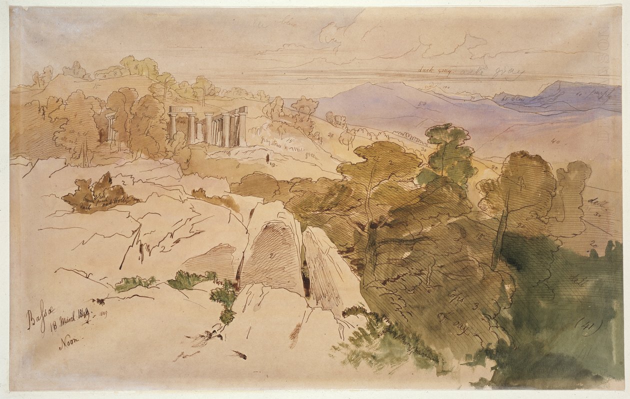 Apollontemplet i Bassae, Grækenland, 1849 (pen og brunt blæk med akvarel og oliemaling på brunt papir) af Edward Lear