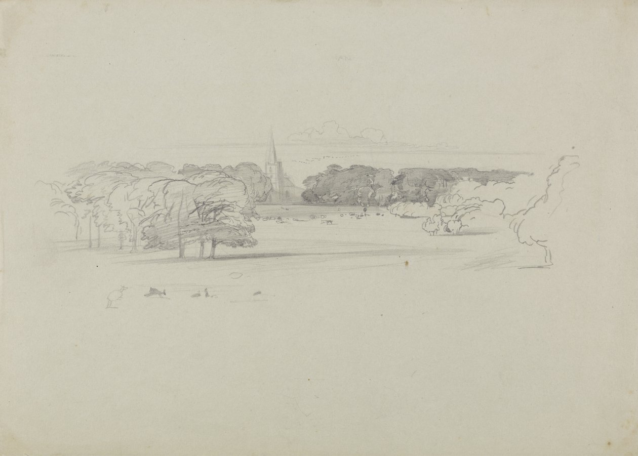 Udsigt over en eng til en kirke af Edward Lear