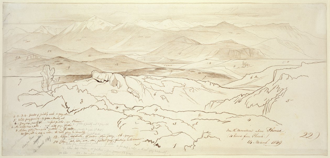 Udsigt fra bjergene over Phonia, 1849 (pen og brunt blæk med grafit på råhvidt papir) af Edward Lear