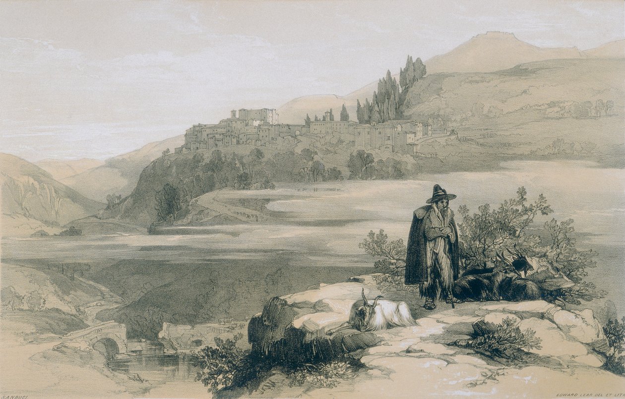 Udsigt i Rom og omegn: byen og slottet San Buci af Edward Lear