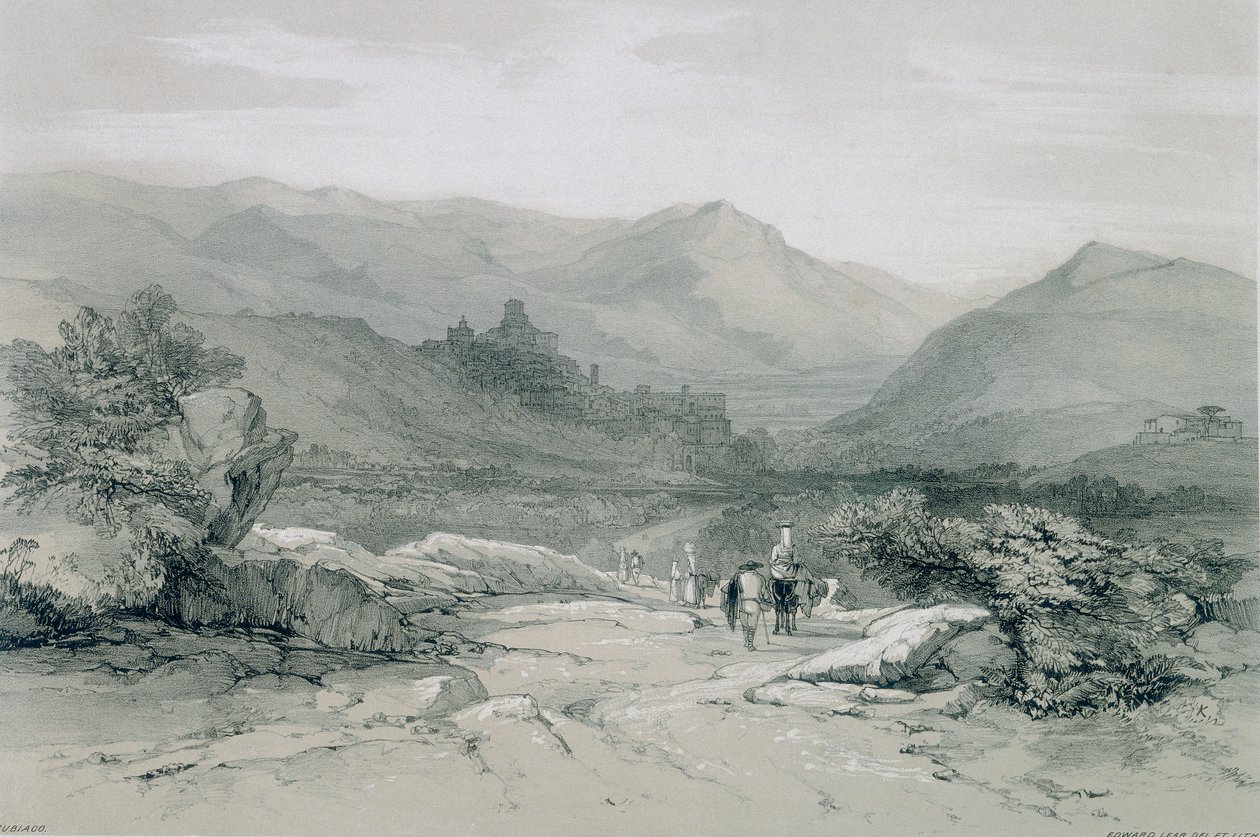 Udsigt i Rom og omegn: byen og dalen Subiaco af Edward Lear