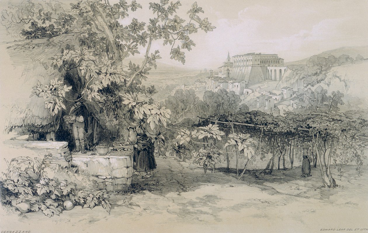 Udsigt i Rom og omegn: udsigt over Gennazzano med byen og Colonna-paladset af Edward Lear