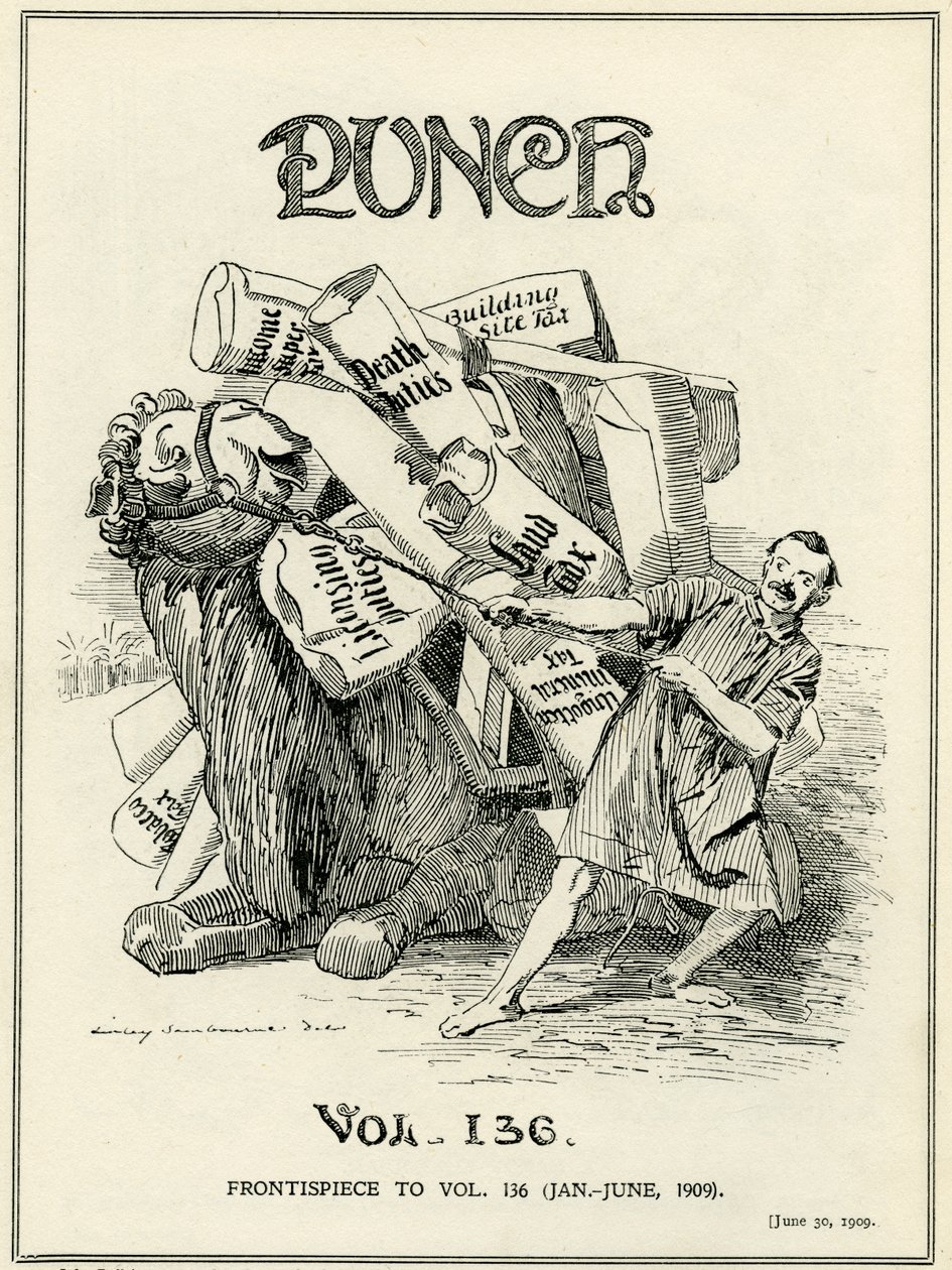 John Bull, der er afbildet som en kamel, er tilbageholdende med at bære de nye skattebyrder, som Lloyd George indførte i "The People