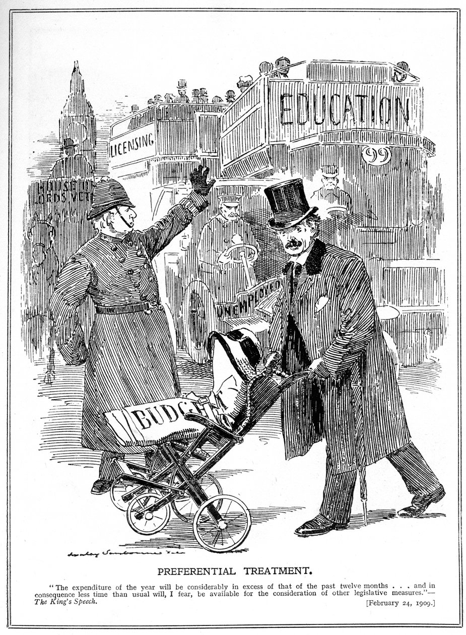 LLoyd George viser fortrinsbehandling til sit "barn", budgettet, 1909 af Edward Linley Sambourne