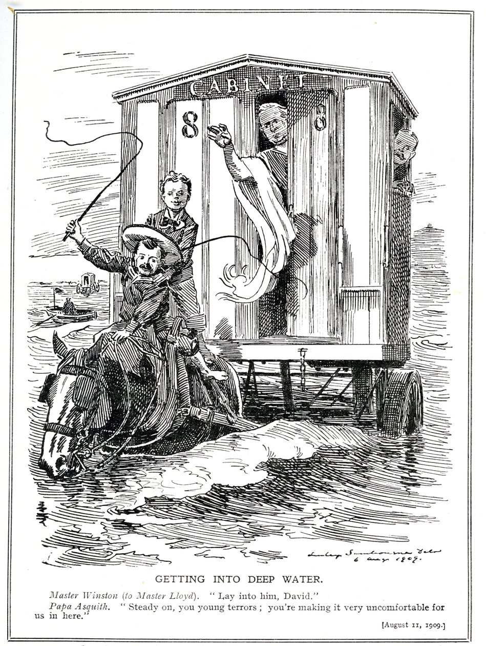 Premierminister Asquith afholder Lloyd George og Winston Churchill fra at skabe alarm med deres ildtaler til støtte for at hjælpe de arbejdsløse og indføre en mindsteløn, 1909 (lith af Edward Linley Sambourne