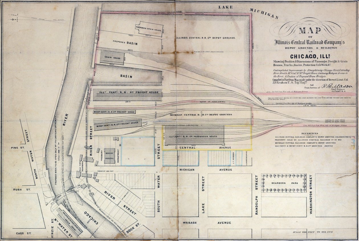 Kort over Illinois Central Railroad Companys depotgrunde og bygninger i Chicago, 1855 af Edward Mendel