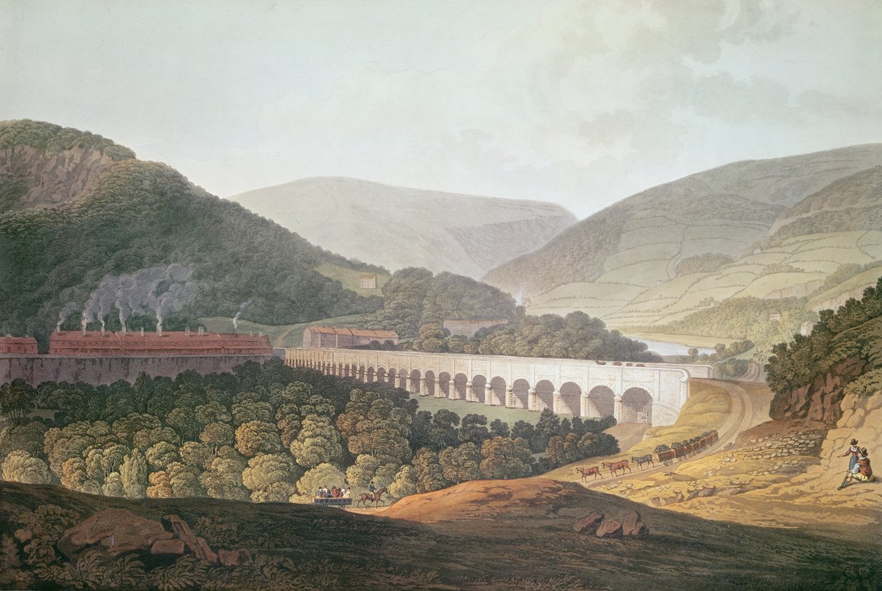 Udsigt over en stenbro over dalen og floden ved Risca i Monmouthshire (farvegravering) af Edward Pugh